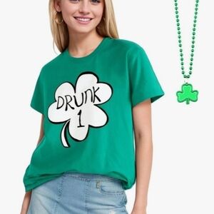 Green 'Drunk 1' Shamrock Graphic Tee W/Bonus Beads--NWT SIZE Medium